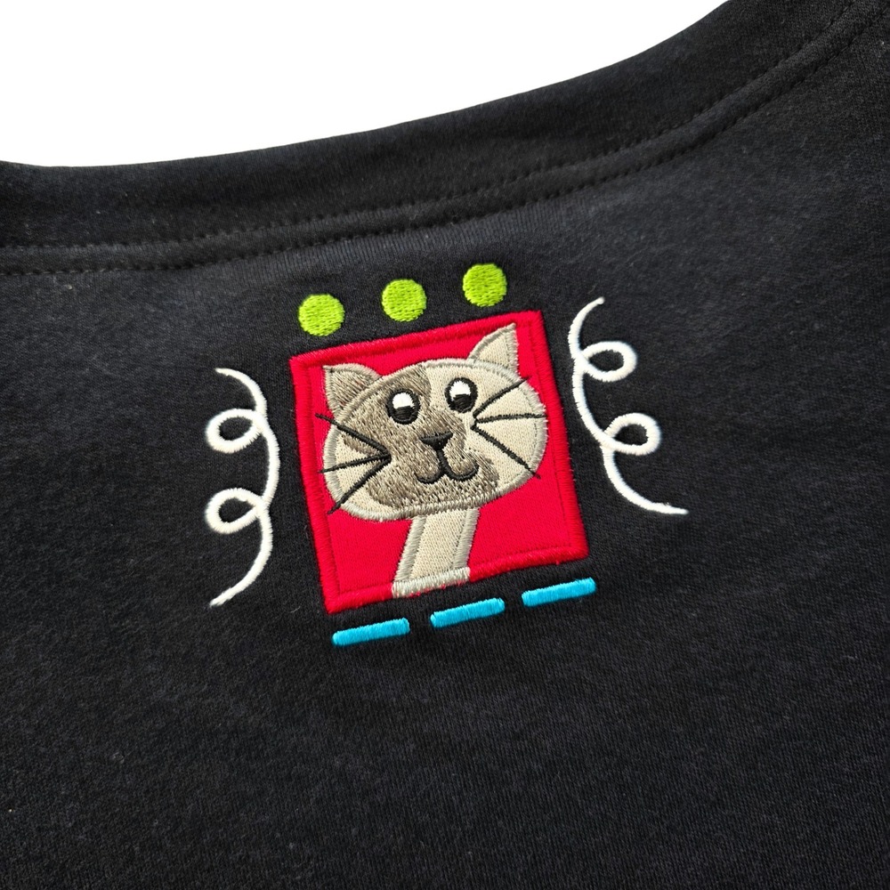 Vintage Wearable Art Cat Shirt Size L Embroidered 90s Mom Colorful Cottagecore - Picture 11 of 14
